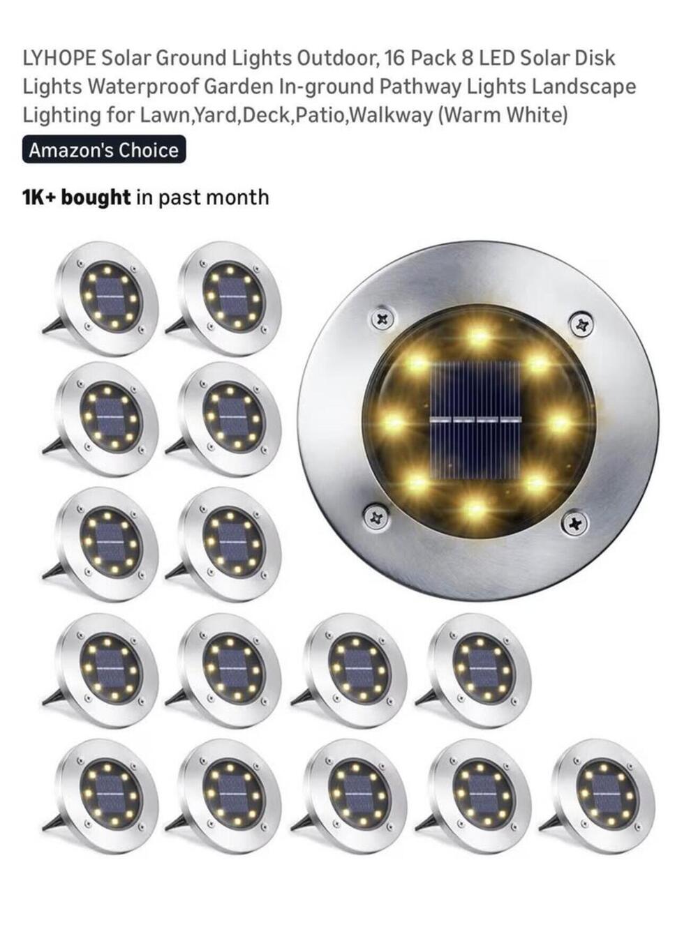 LYHOPE Solar Ground Lights Outdoor 16 Pack 8 LED Disk Lights Warm White